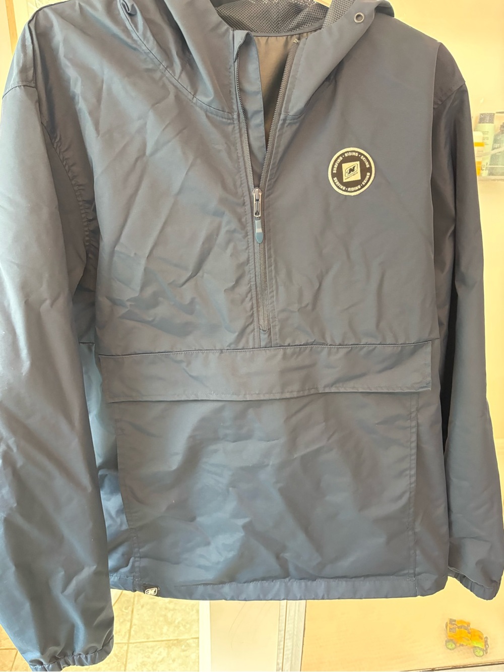 Men's Navy Hooded Windbreaker Pull-Over Jacket - Picture 2 of 6